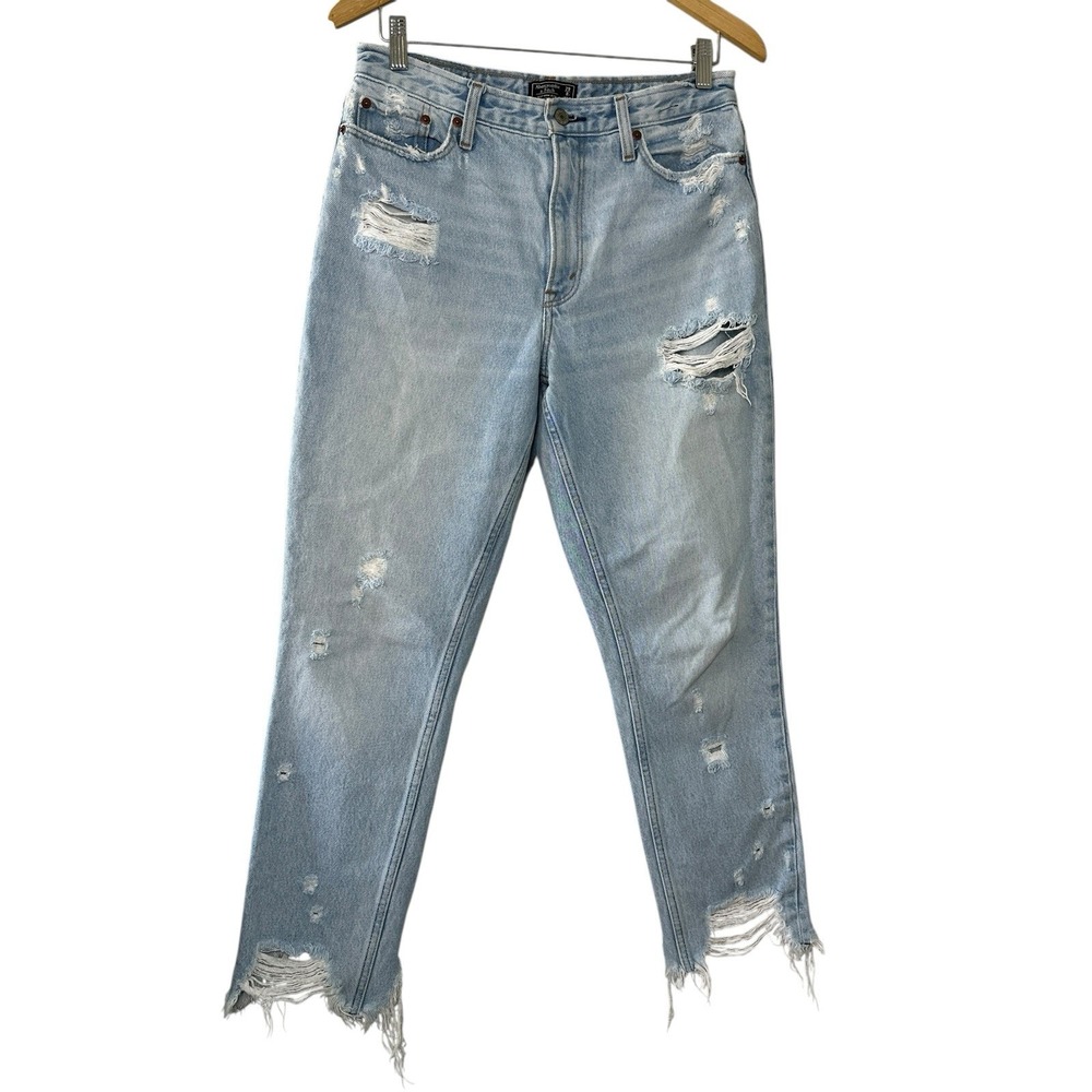 Abercrombie & Fitch Mom Jeans 29 8R Light Wash Distressed Raw Hem High Rise‎